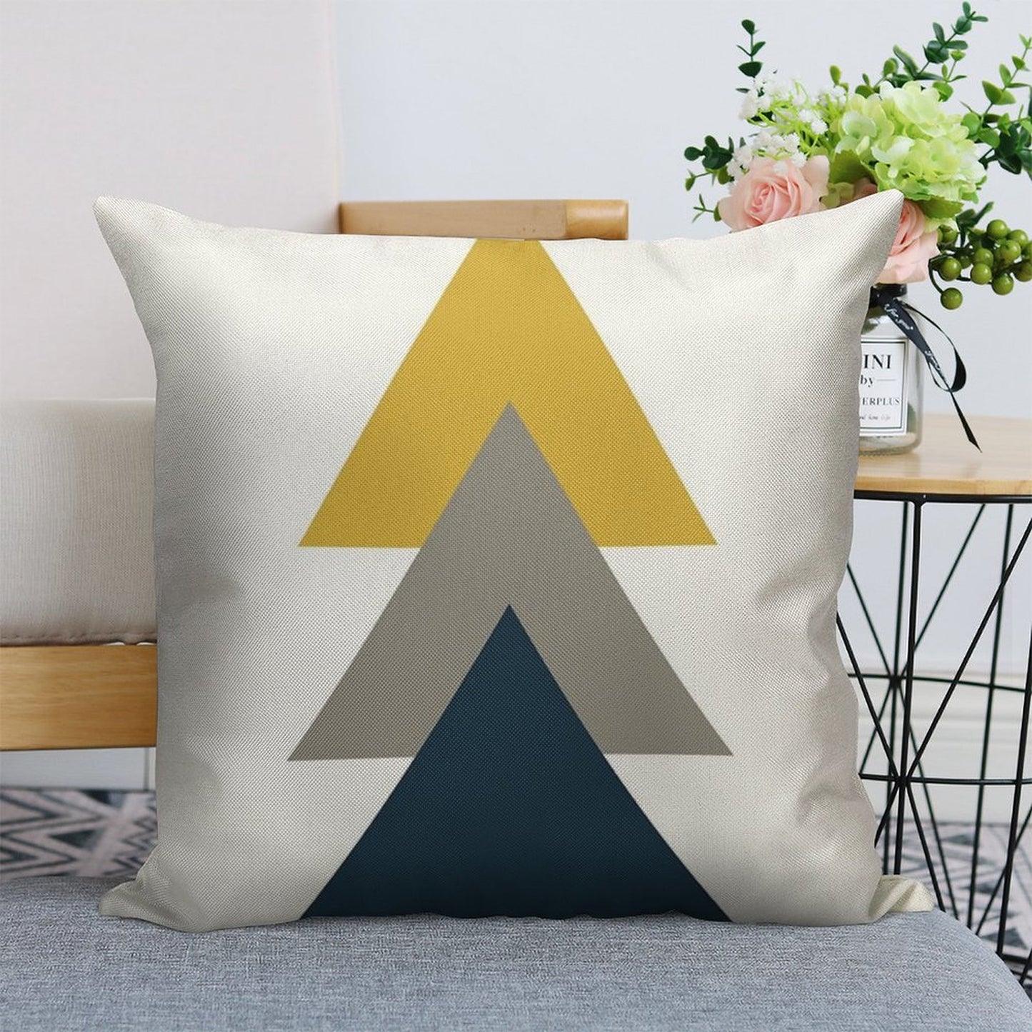 Triangle Trio. Minimalist Geometric in Light Mustard Yellow, White, Grey, And Navy Blue Linen Throw Pillow Cover