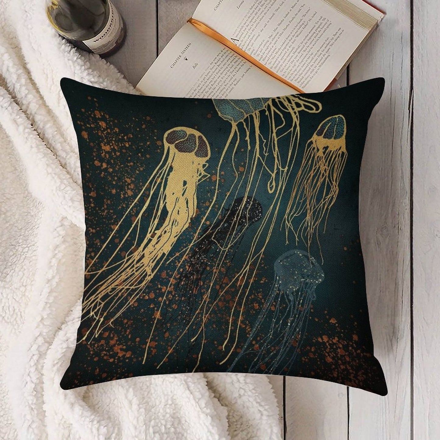 Metallic Jellyfish Linen Throw Pillow Cover