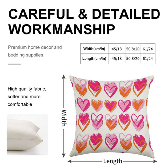 Pink And Orange Hearts Linen Throw Pillow Cover