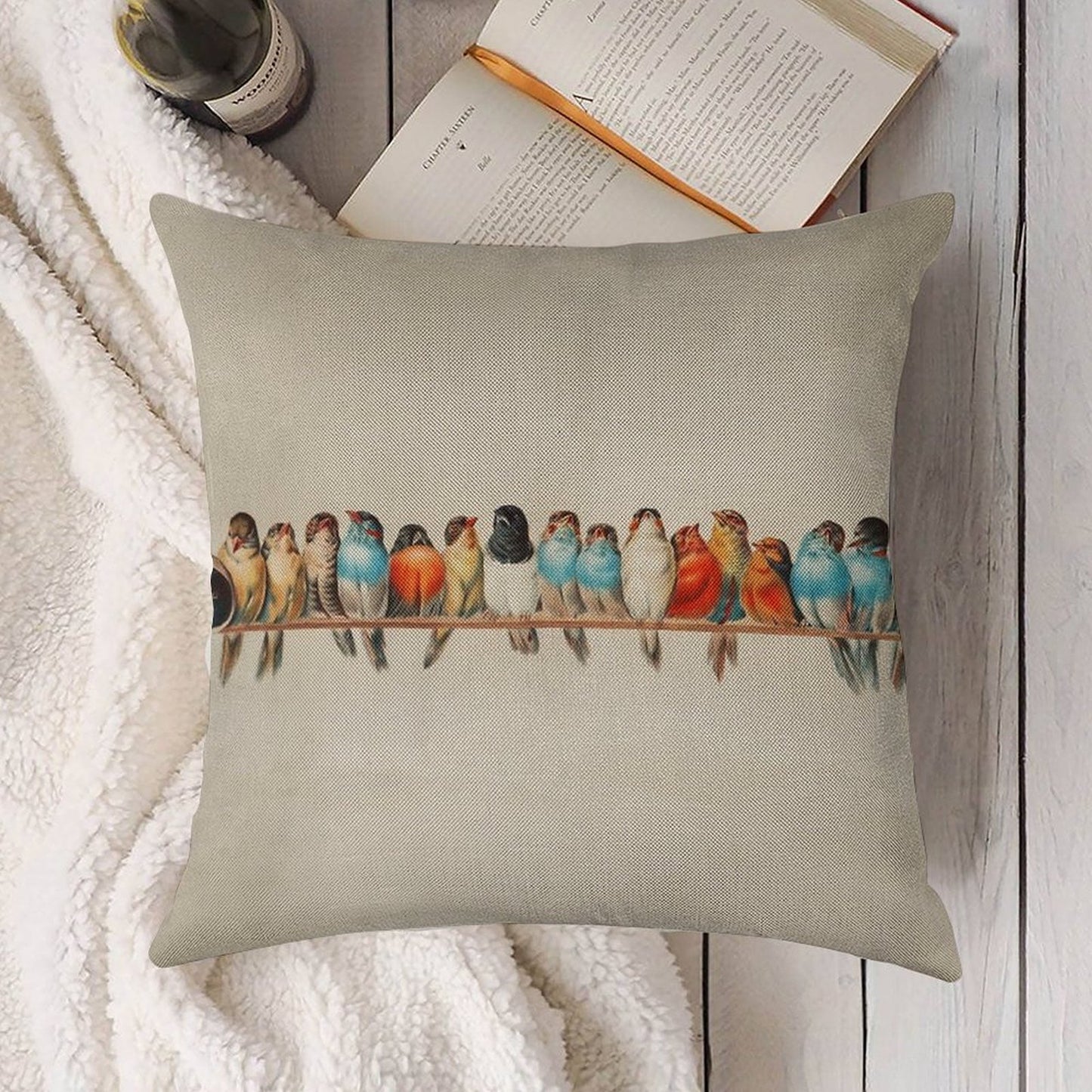Vintage Birds Linen Throw Pillow Cover