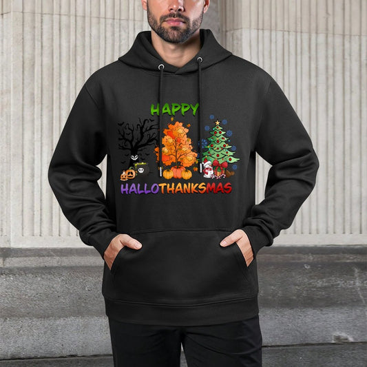 Happy Hallothanksmas Funny Halloween Thanksgiving Christmas Versatile Streetwear Hoodie