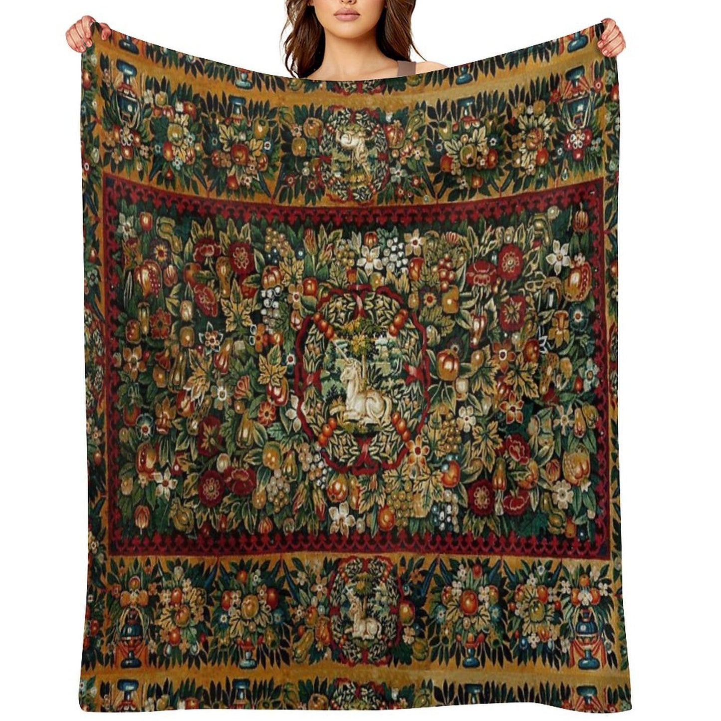 Medieval Unicorn Floral Tapestry Throw Blanket