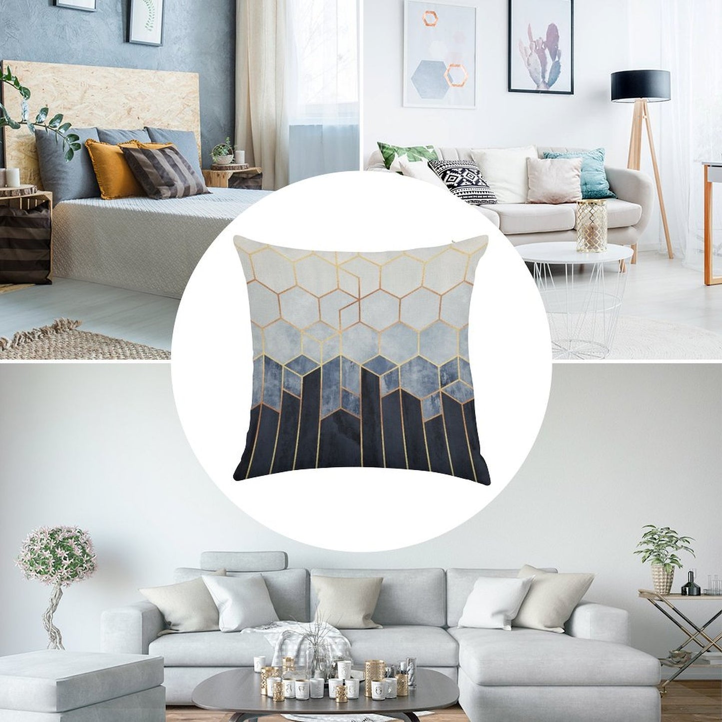 Soft Blue Hexagons Linen Throw Pillow Cover