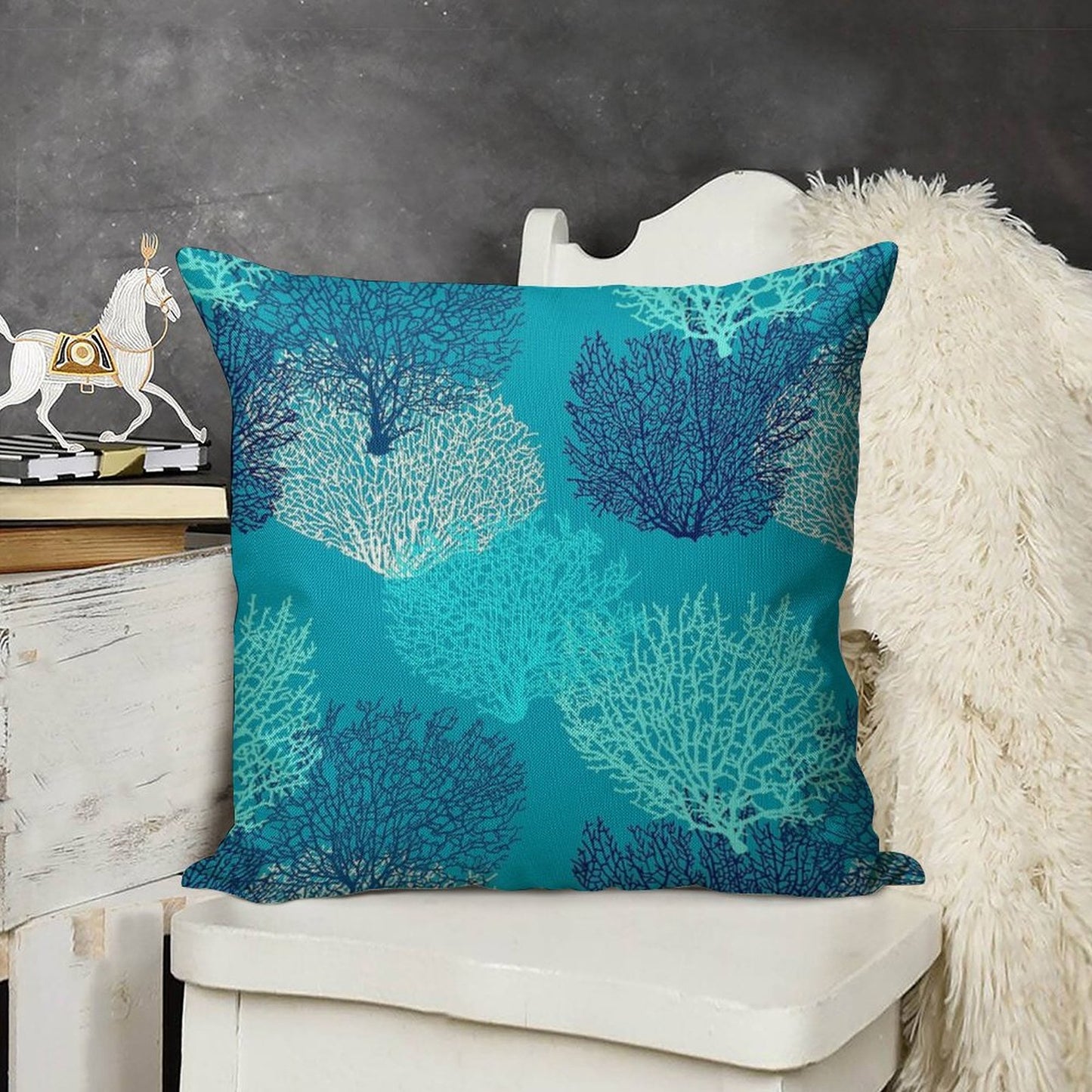 Fan Coral Print, Turquoise, Aqua And Cobalt Blue Linen Throw Pillow Cover