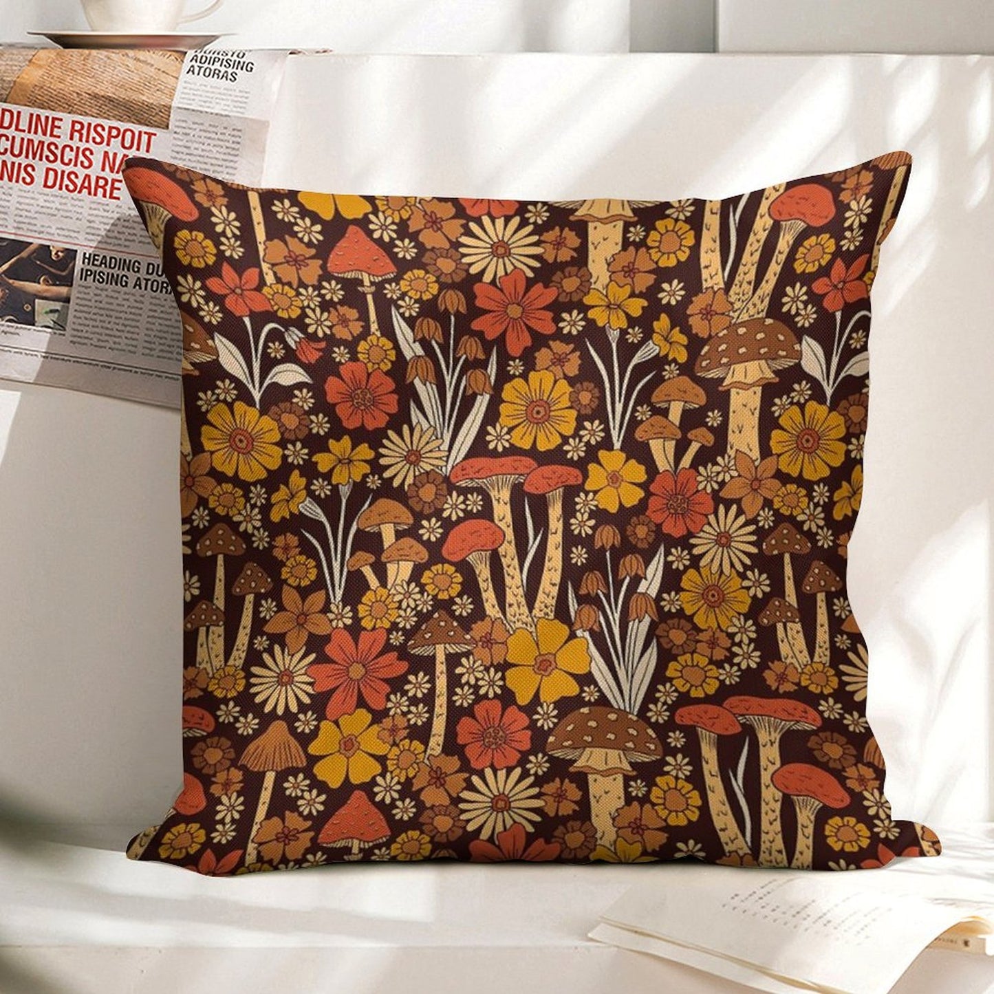 Retro 1970s Brown & Orange Mushrooms & Flowers Linen Throw Pillow Cover
