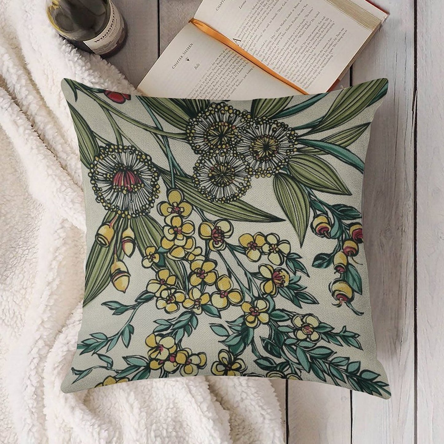 Retro Australian Native Floral Linen Throw Pillow Cover