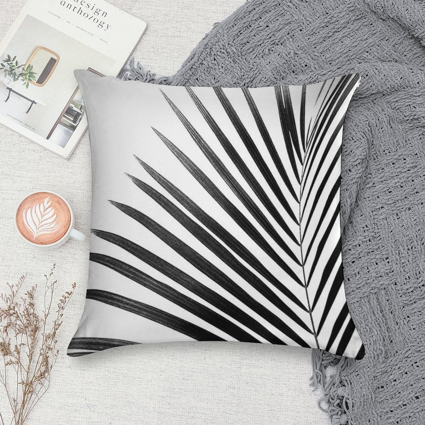 PALM LEAF Black & White Soft Home Decor Throw Pillow