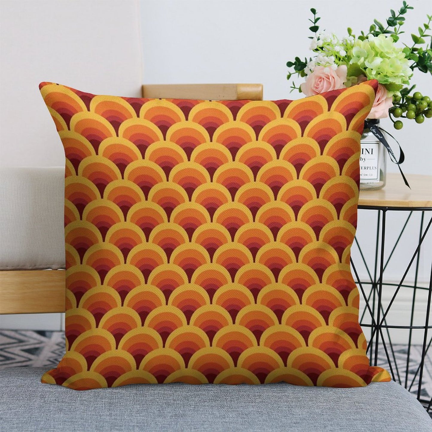 Orange Wave Gradient Retro Pattern Linen Throw Pillow Cover
