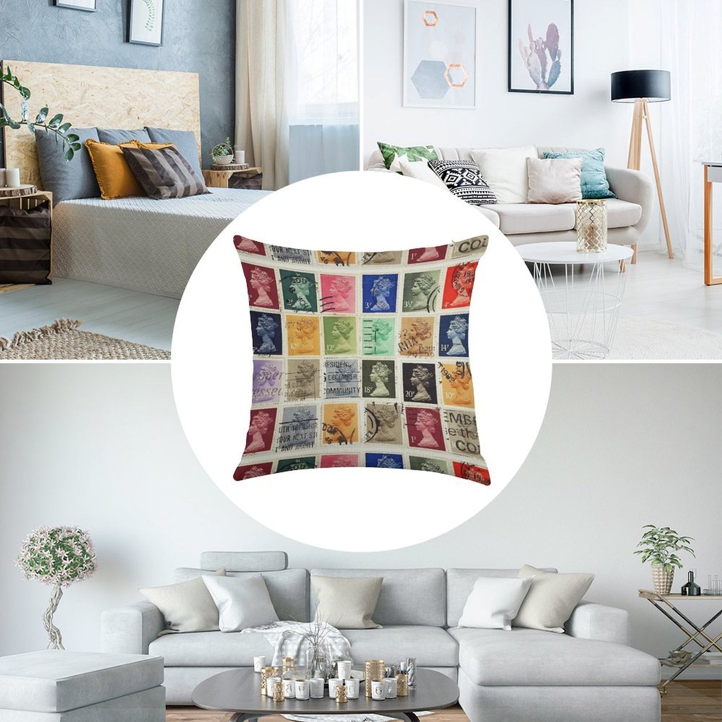 British Postage Stamps with A Queen Elizabeth Profile. Linen Throw Pillow Cover
