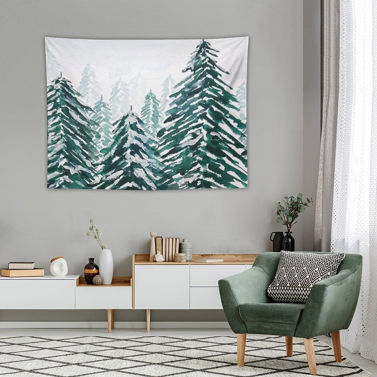 Hand Painted Snowy Pine Forest Green Tapestry