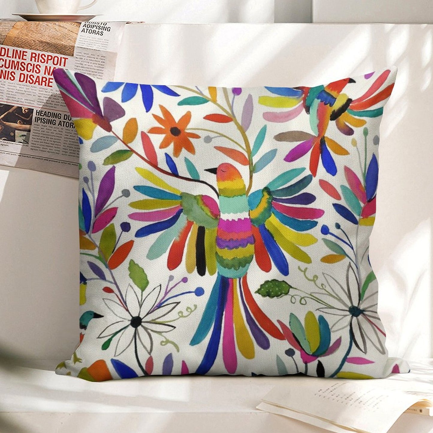 Otomi Bird Linen Throw Pillow Cover