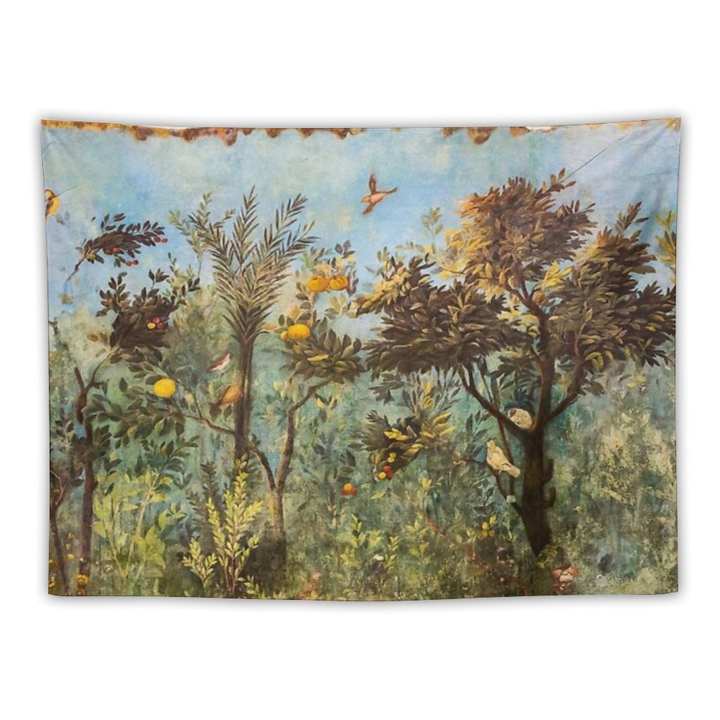 ANTIQUE ROMAN WALL PAINTING Flower Garden Flying Birds ,Quince And Apple Trees Tapestry