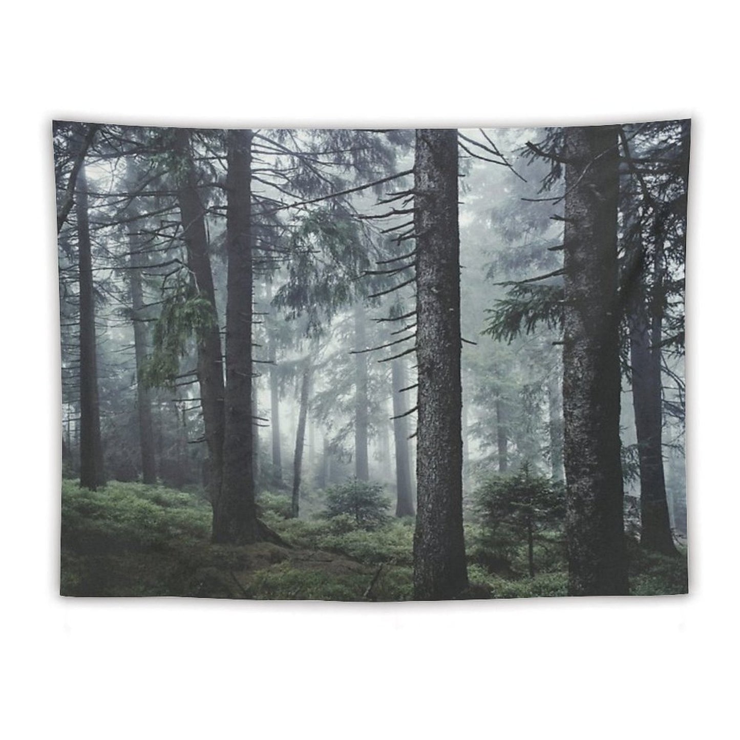 Path Vibes Wild Romantic Misty Retro Fall Wilderness Fairytale Forest With Cascadia Trees Covered In Magic Blue Fog Season Tapestry
