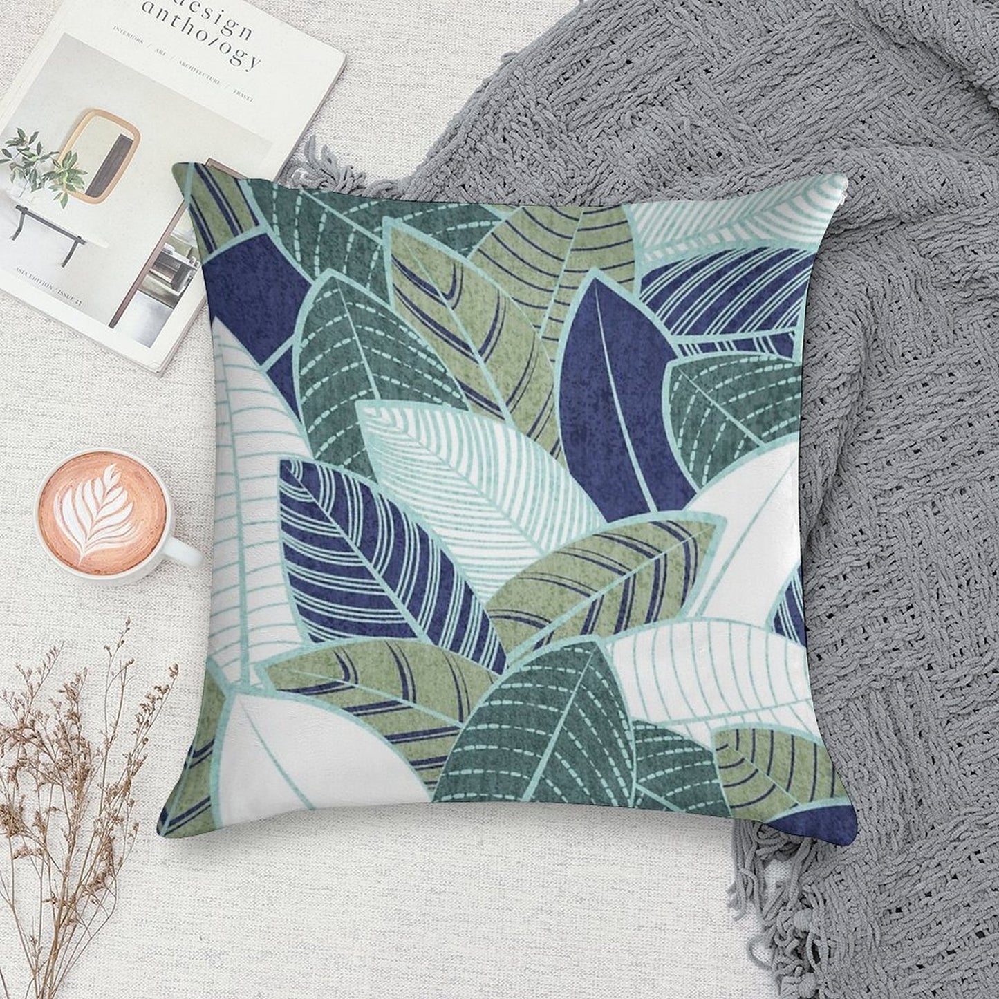 Leaf Wall  Navy Blue Pine And Sage Green Leaves Mint Lines Soft Gift Ready Throw Pillow