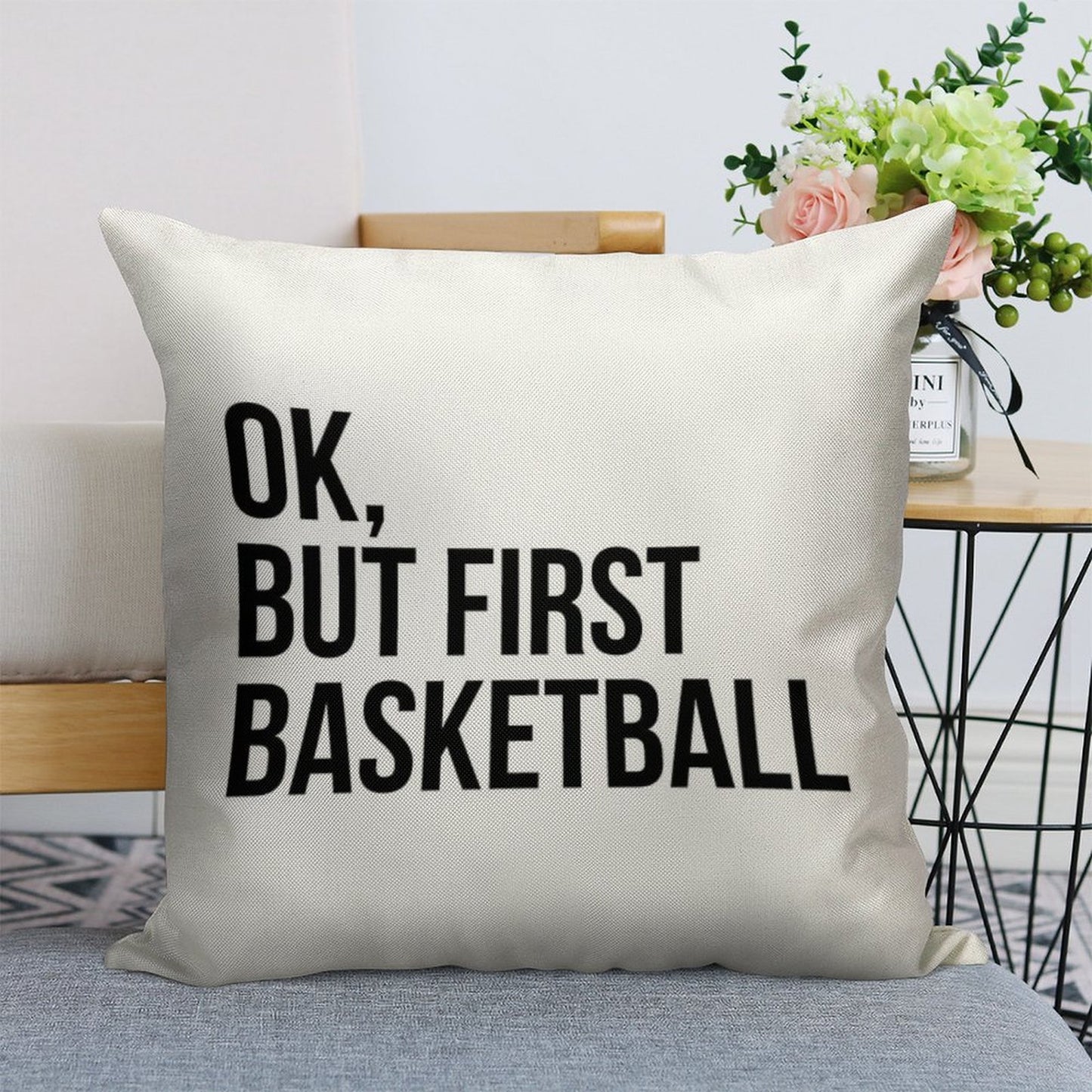 BUT FIRST BASKETBALL Linen Throw Pillow Cover