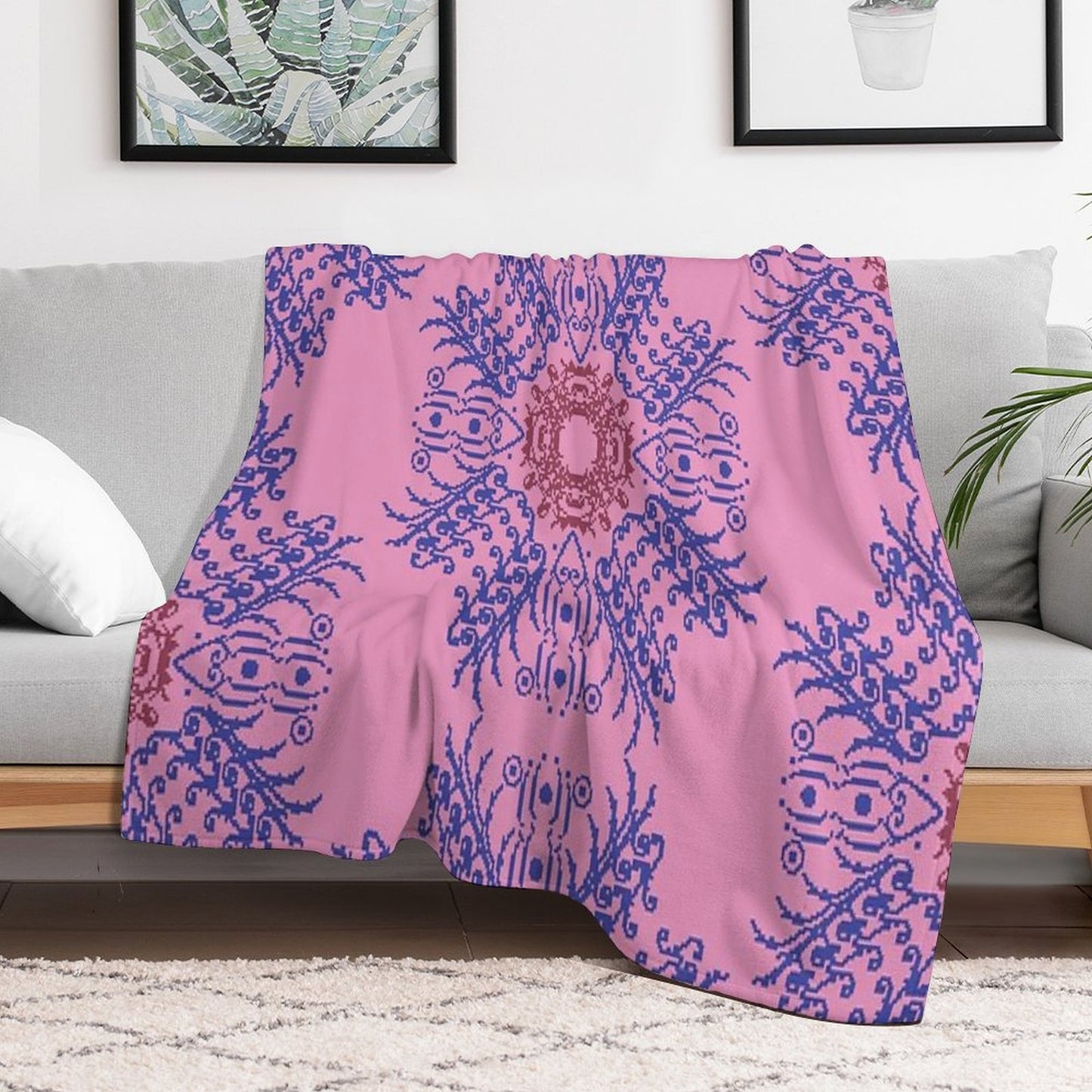 Pink And Blue Floral Wreath Throw Blanket