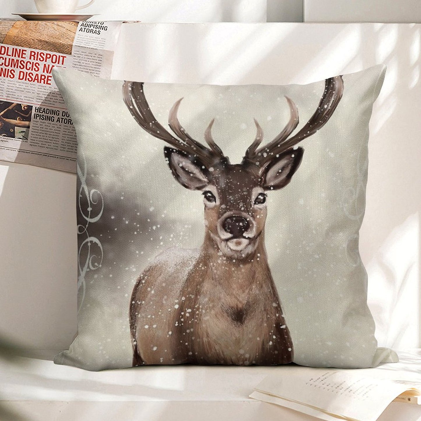 Winter Deer Linen Throw Pillow Cover