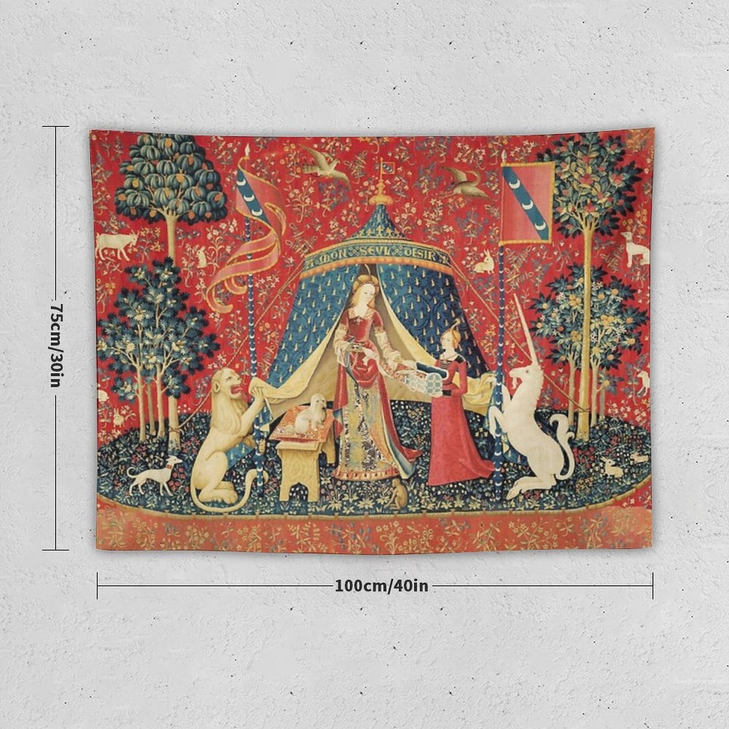 LADY AND THE UNICORN DESIRE ,Lion,Fantasy Flowers,Animals,Red Green Floral Tapestry Tapestry