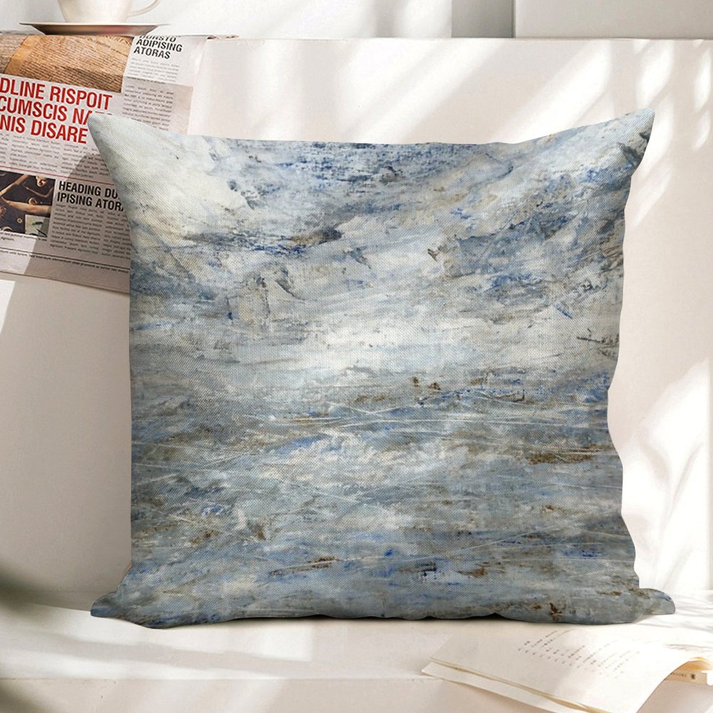 Abstract Seascape in Grey And Blue Linen Throw Pillow Cover
