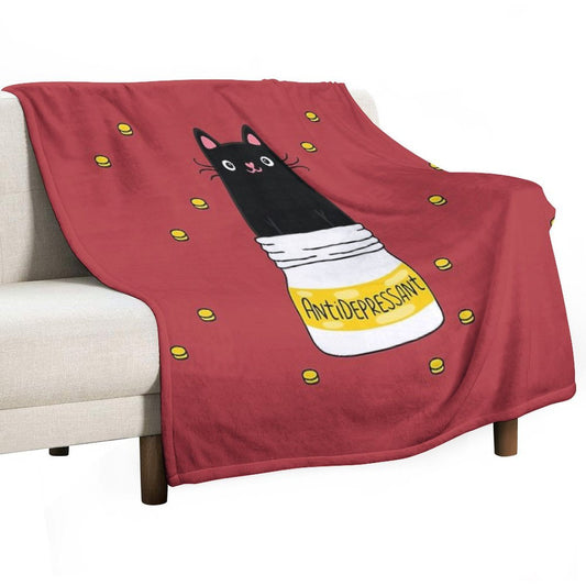 FUR ANTIDEPRESSANT . Cute Black Cat Illustration. A Gift for A Pet Lover. Throw Blanket