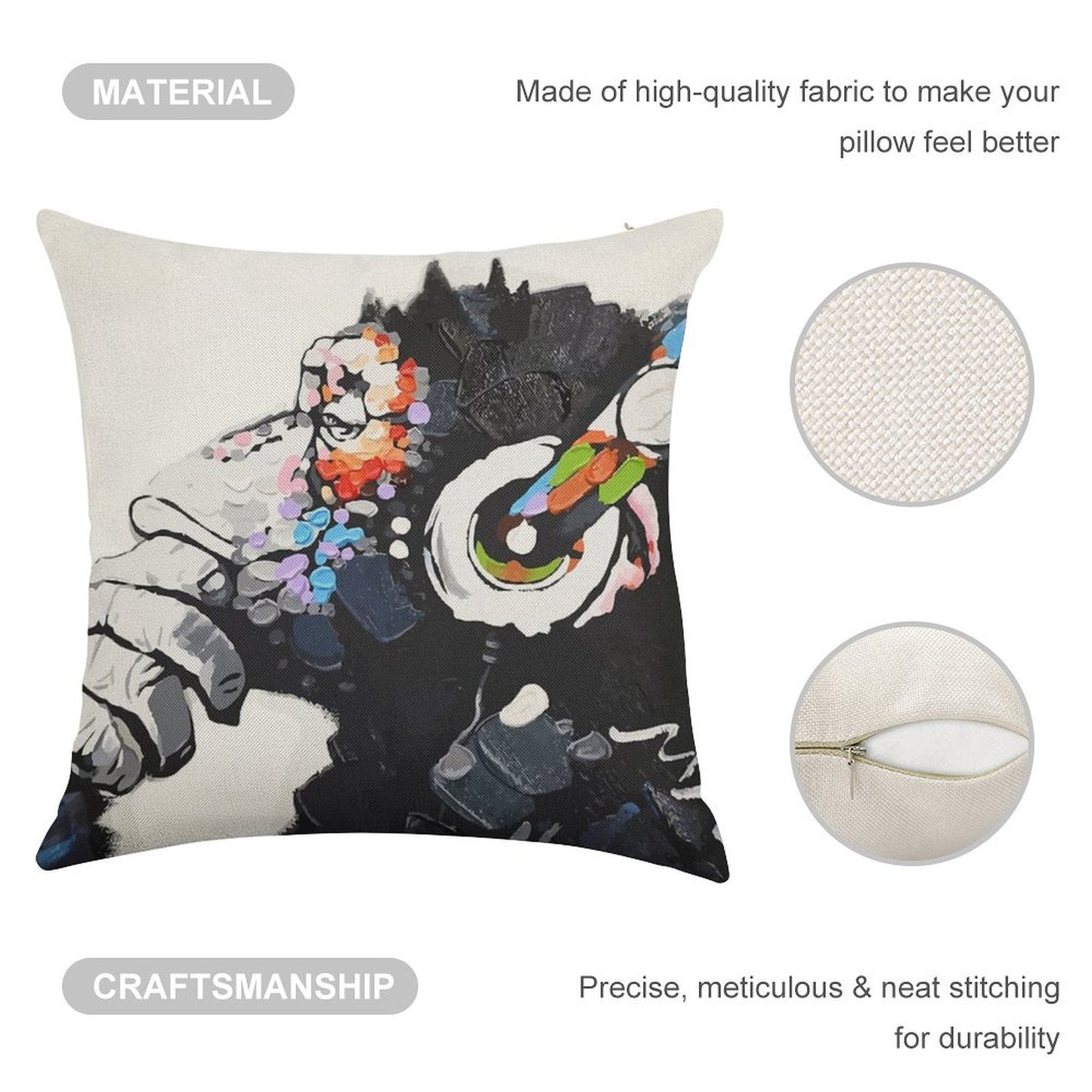 Banksy DJ Monkey Thinker with Headphones White Linen Throw Pillow Cover