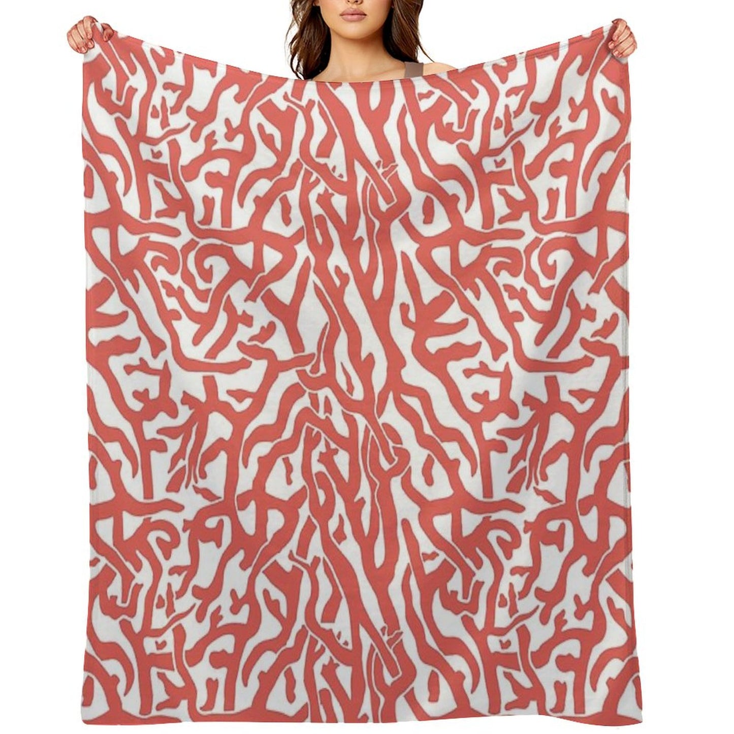 Coral Reef Pattern Reddish Coral White Coastal Beach House Throw Blanket