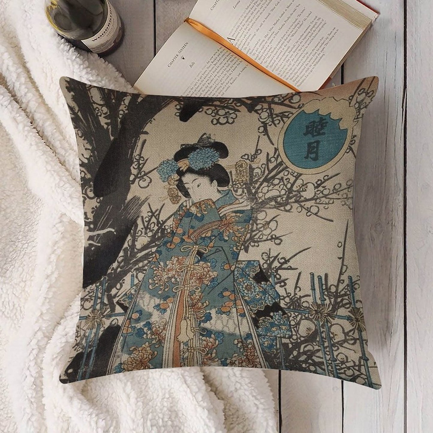 Classic Vintage Ukiyo-e Japanese Art Geisha Portrait Linen Throw Pillow Cover