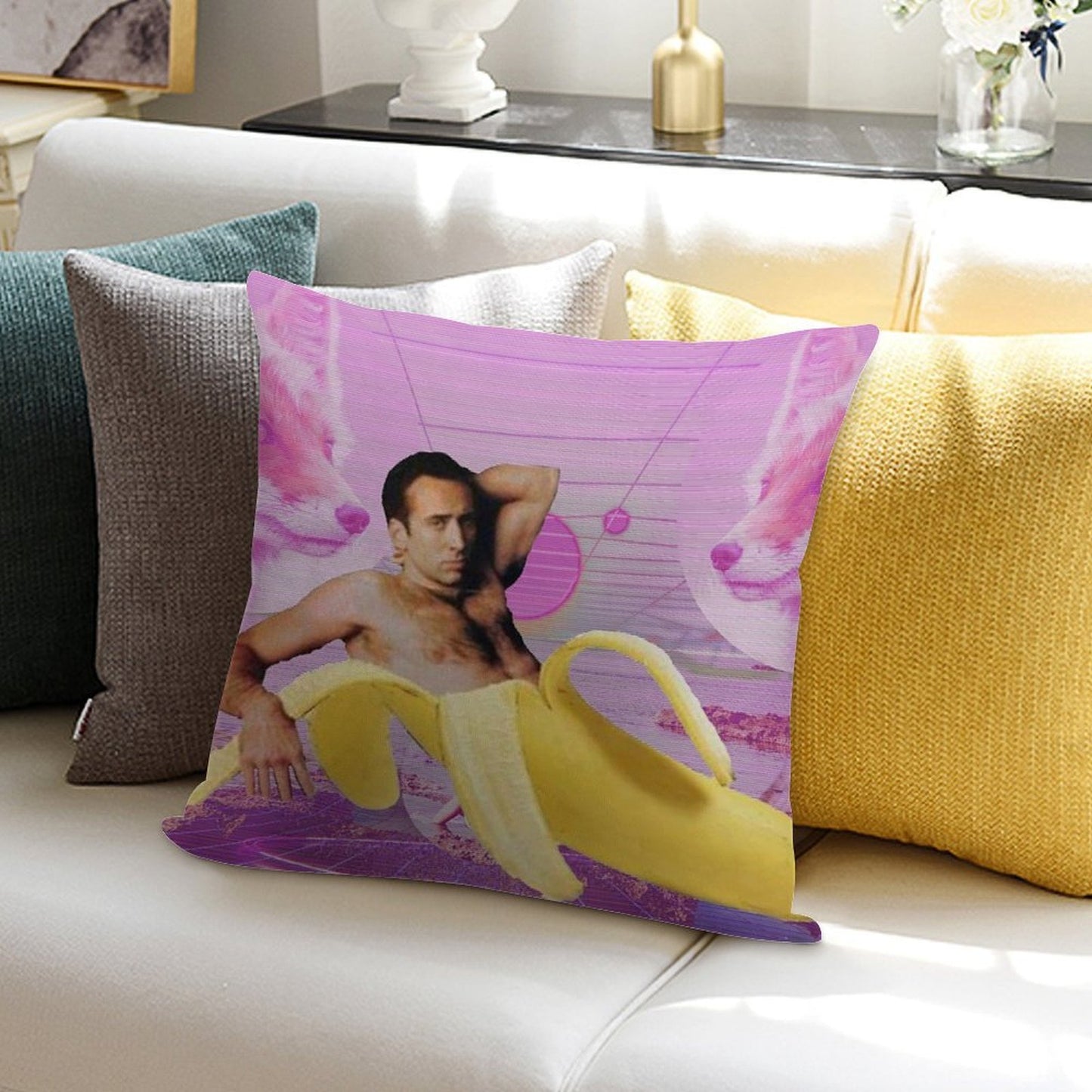 Nicholas Cage Banana Vaporwave Soft Luxury Feel Throw Pillow
