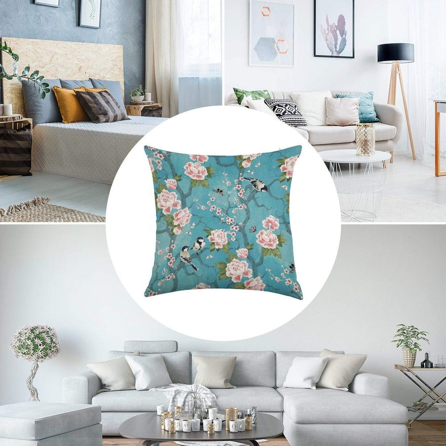 Chinoiserie Birds in Turquoise Blue Linen Throw Pillow Cover