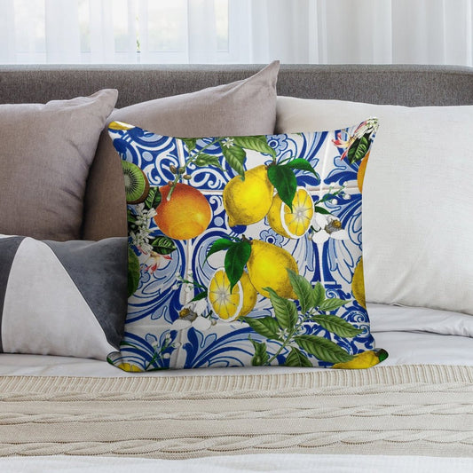 Mediterranean Lemon on Blue Ceramic Tiles Soft Washable Throw Pillow