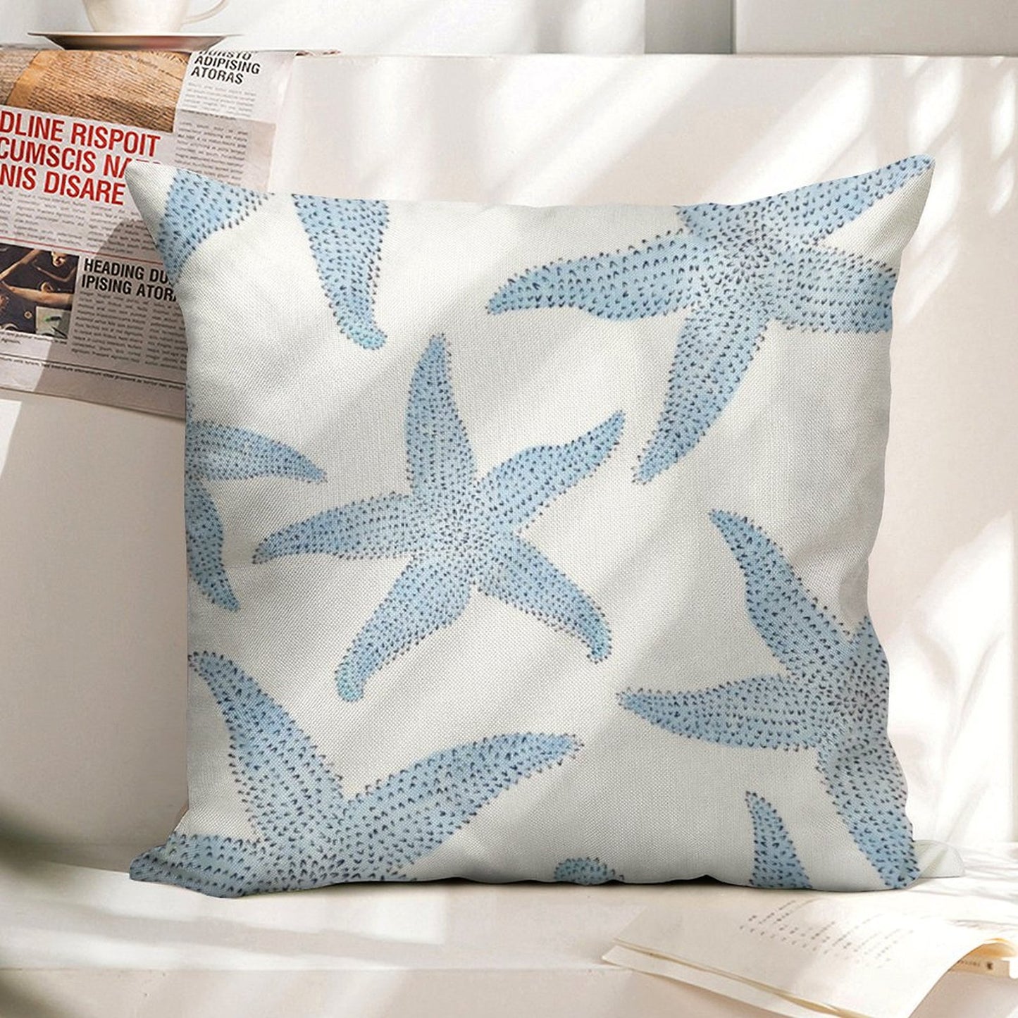 Dancing Blue Starfish Linen Throw Pillow Cover