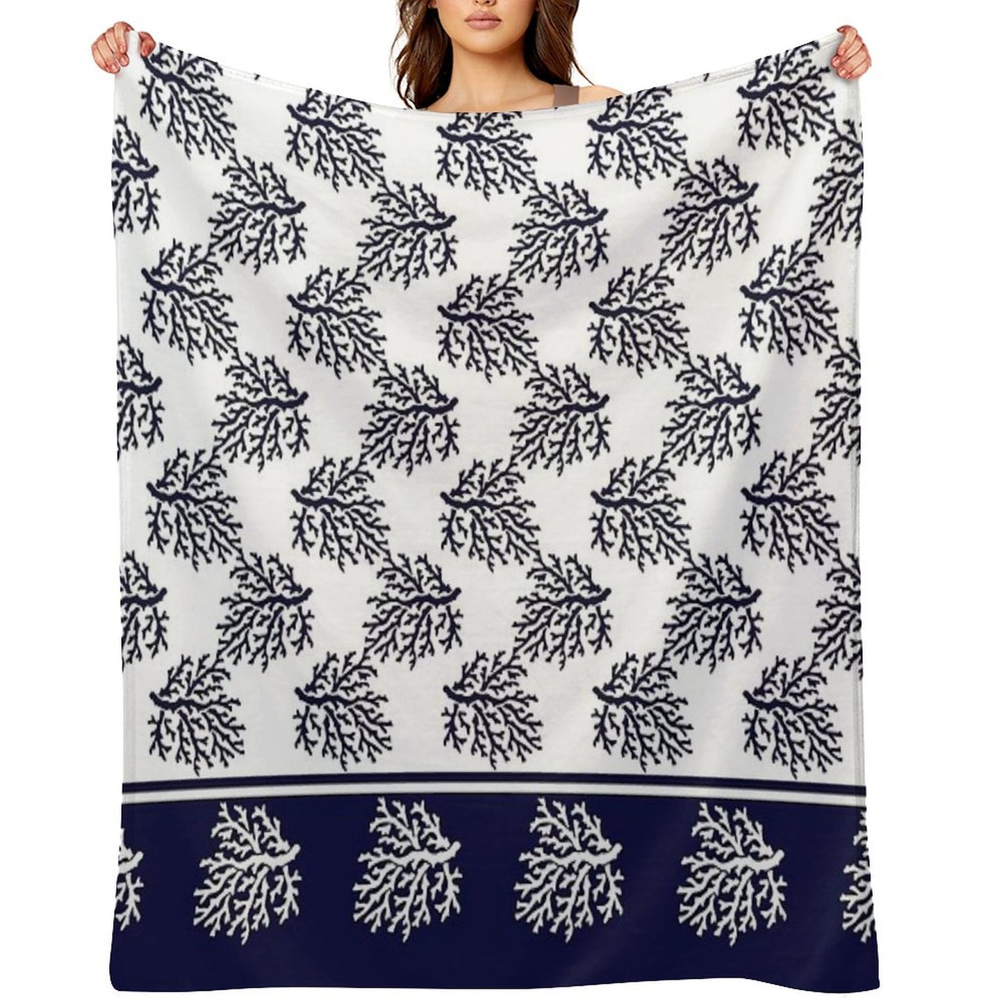 White And Navy Blue Corals Pattern Throw Blanket