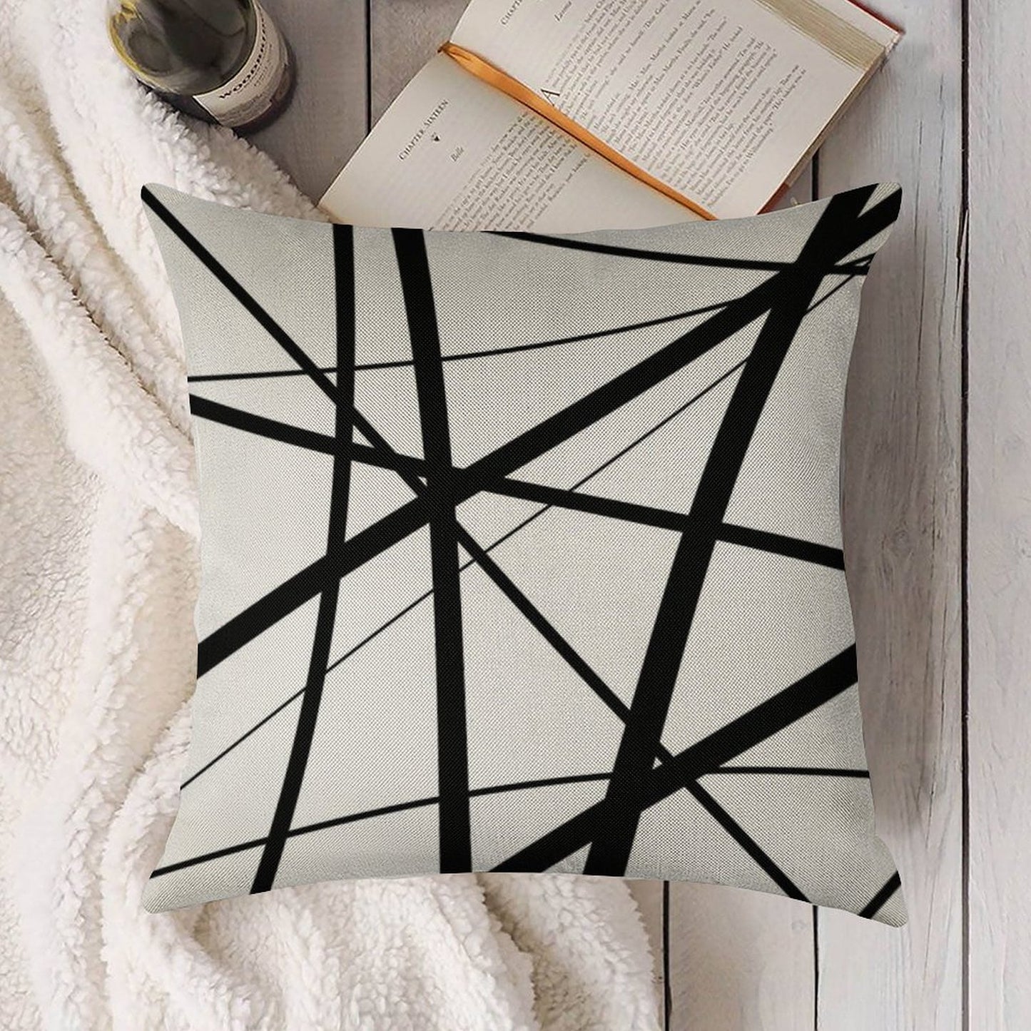 Black And White Geometric Lines Linen Throw Pillow Cover