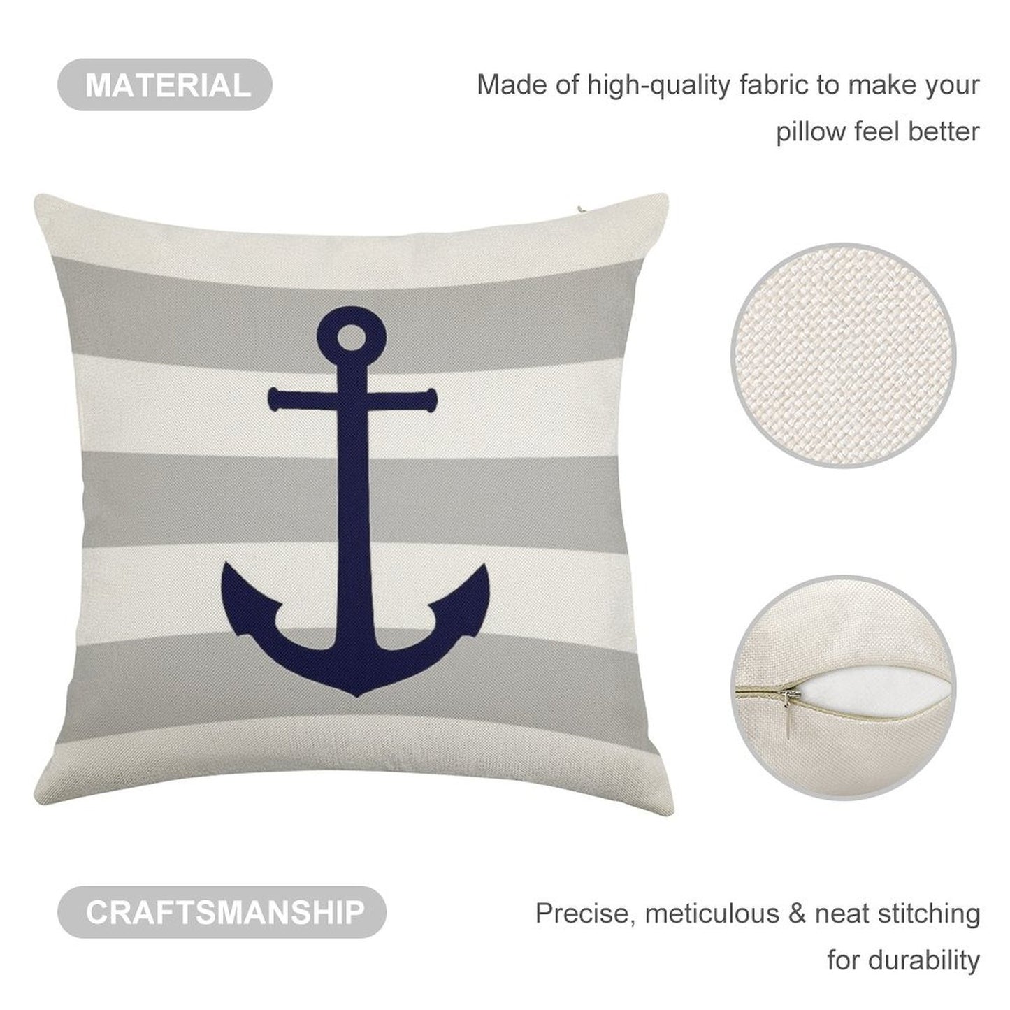 Nautical Navy Blue Anchor On Gray Stripes Linen Throw Pillow Cover