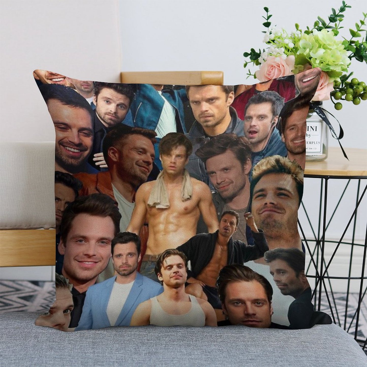 Sebastian Stan Photo Collage Linen Throw Pillow Cover