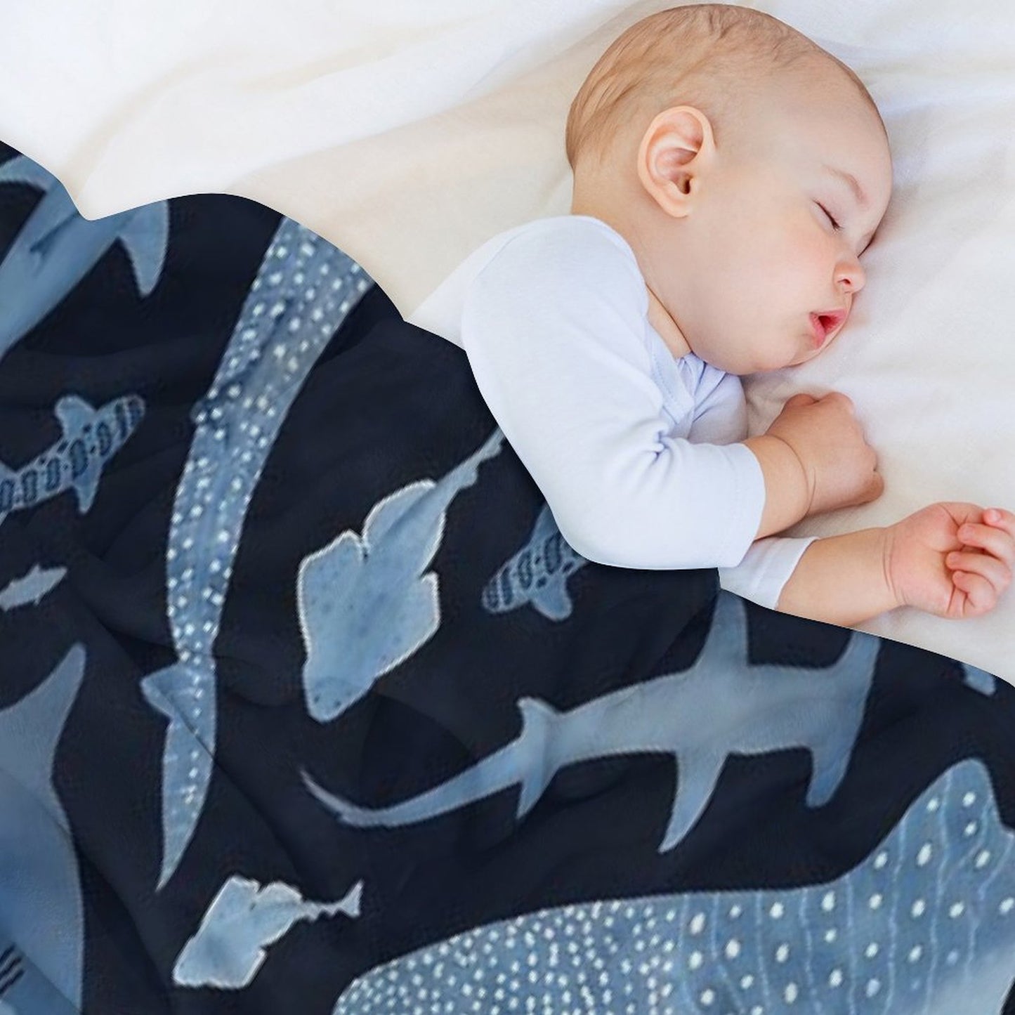 Monochrome Blue Watercolour Shark Ocean on Black Throw Blanket
