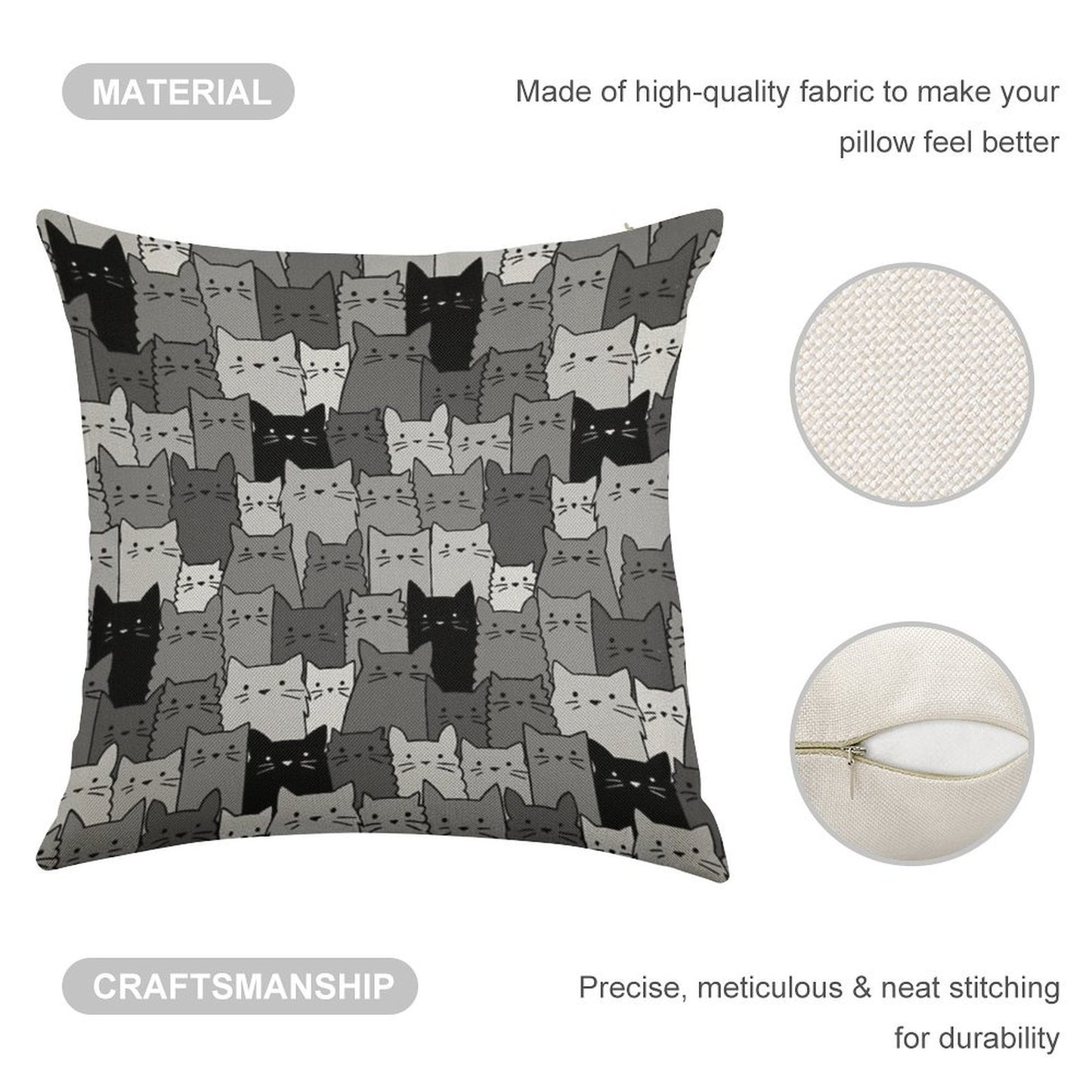 Silent Cats Monochromatic Linen Throw Pillow Cover