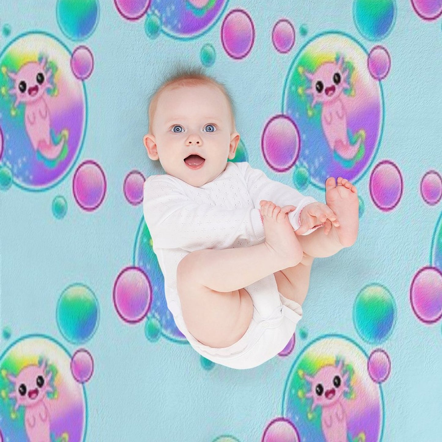 Kawaii Axolotl with Bubbles Throw Blanket