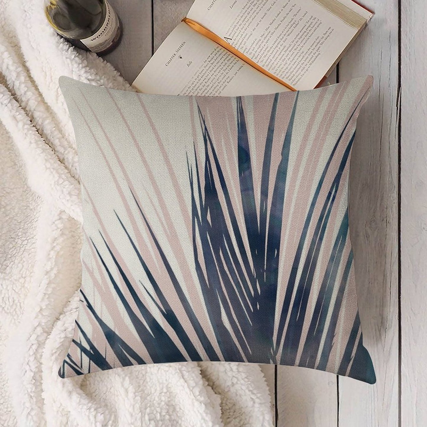 Contemporary Palm Leaf in Navy Blue And Blush Pink Linen Throw Pillow Cover