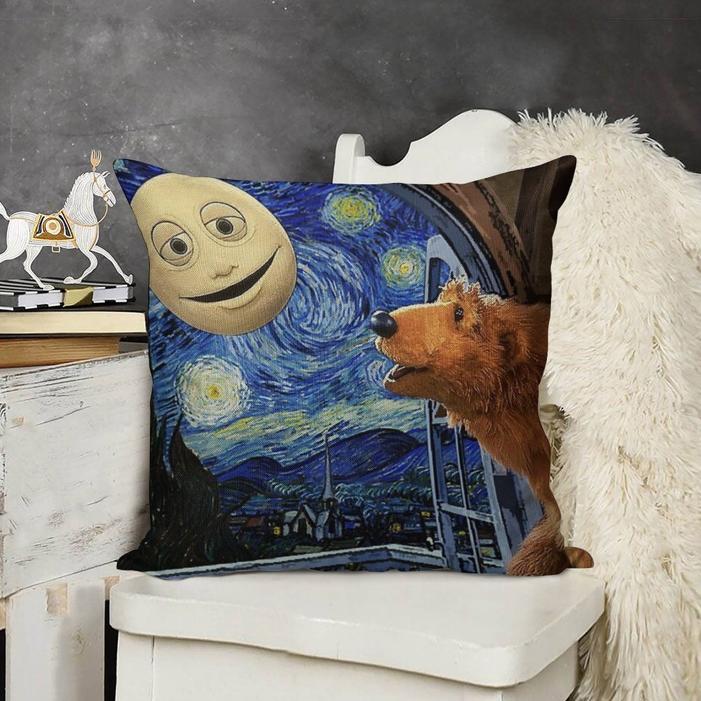 Bear in The Big Blue House with Starry Night Linen Throw Pillow Cover