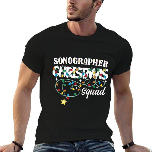 Sonographer Christmas Squad Ultrasound Technician Xmas Light Ribbed Collar T-Shirt