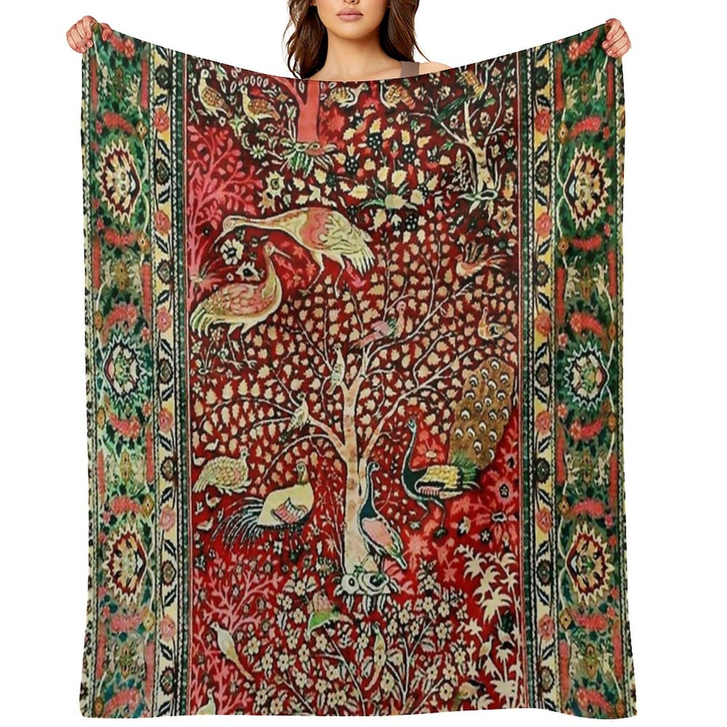 Antique Persian Rug Bird Tree Flowers Ca. 1600 Print Throw Blanket