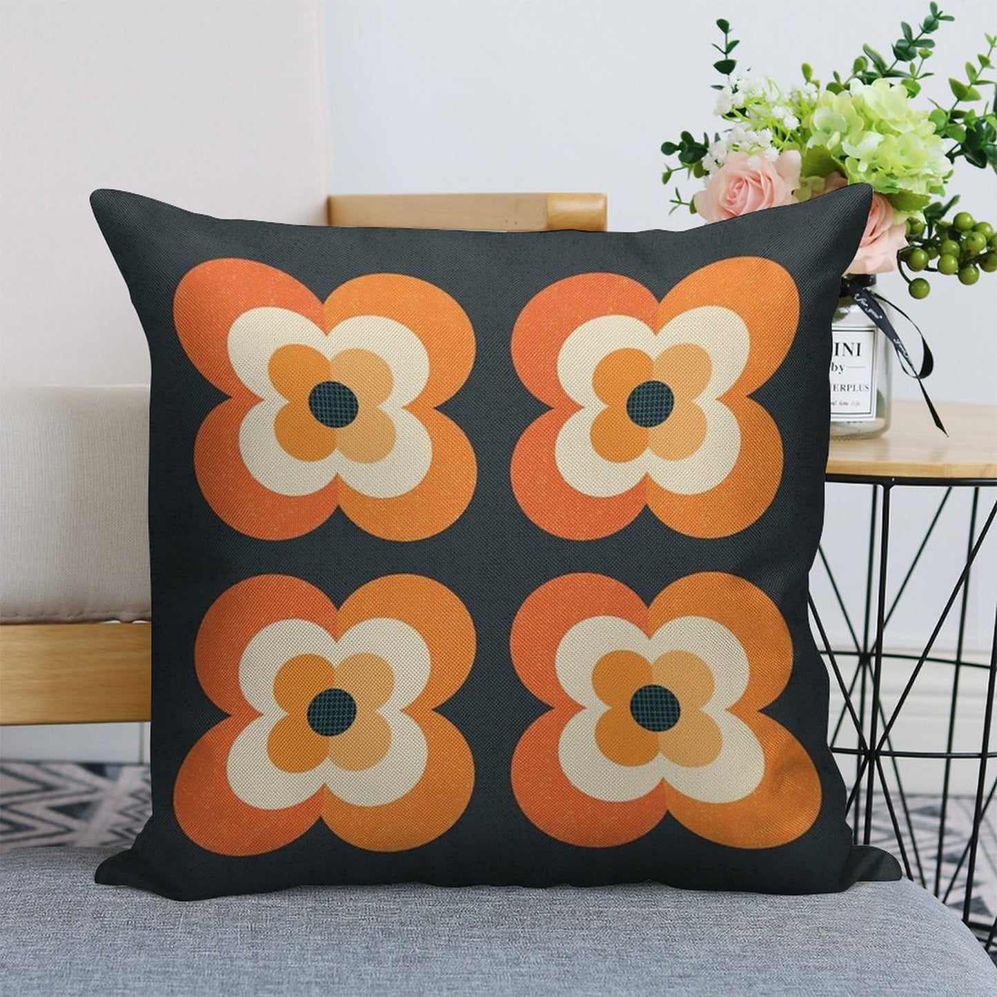 Retro Flowers - Orange And Charcoal Linen Throw Pillow Cover