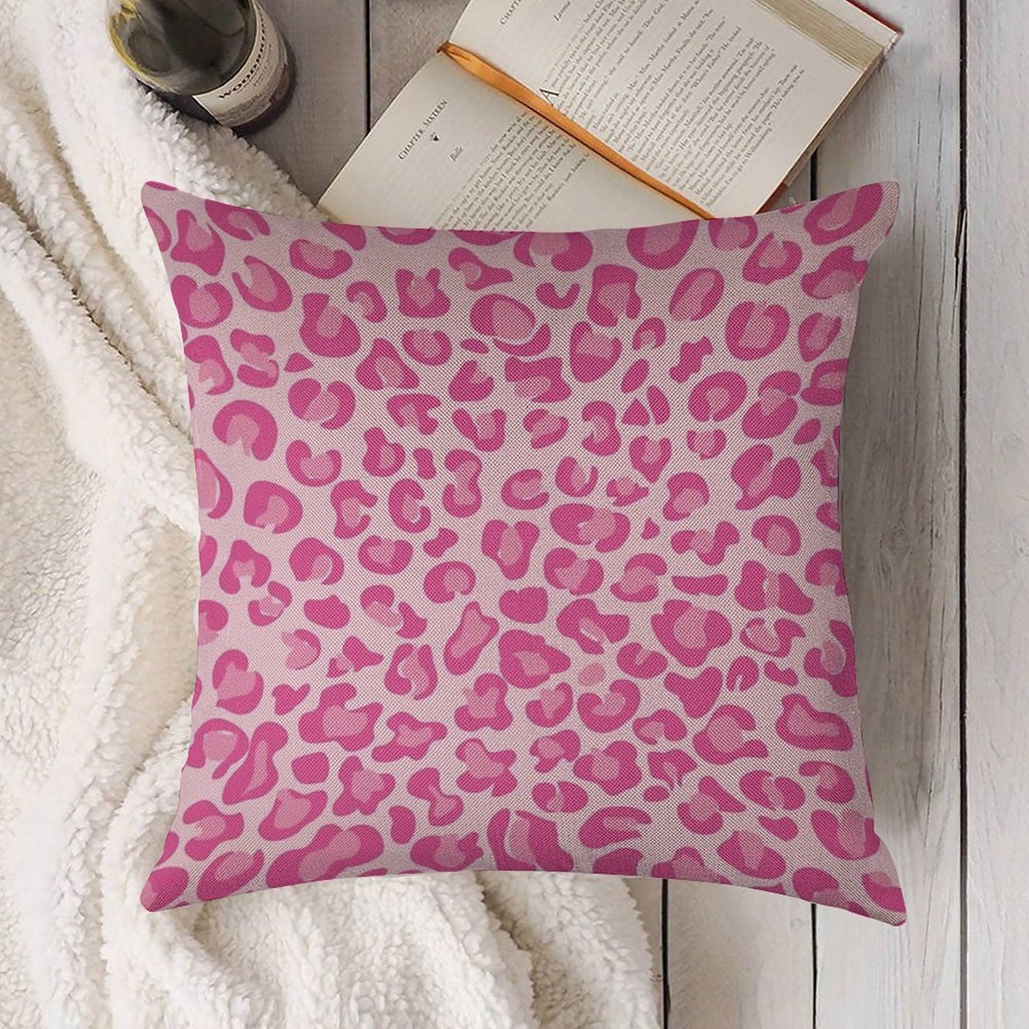 Pink Leopard Print Linen Throw Pillow Cover