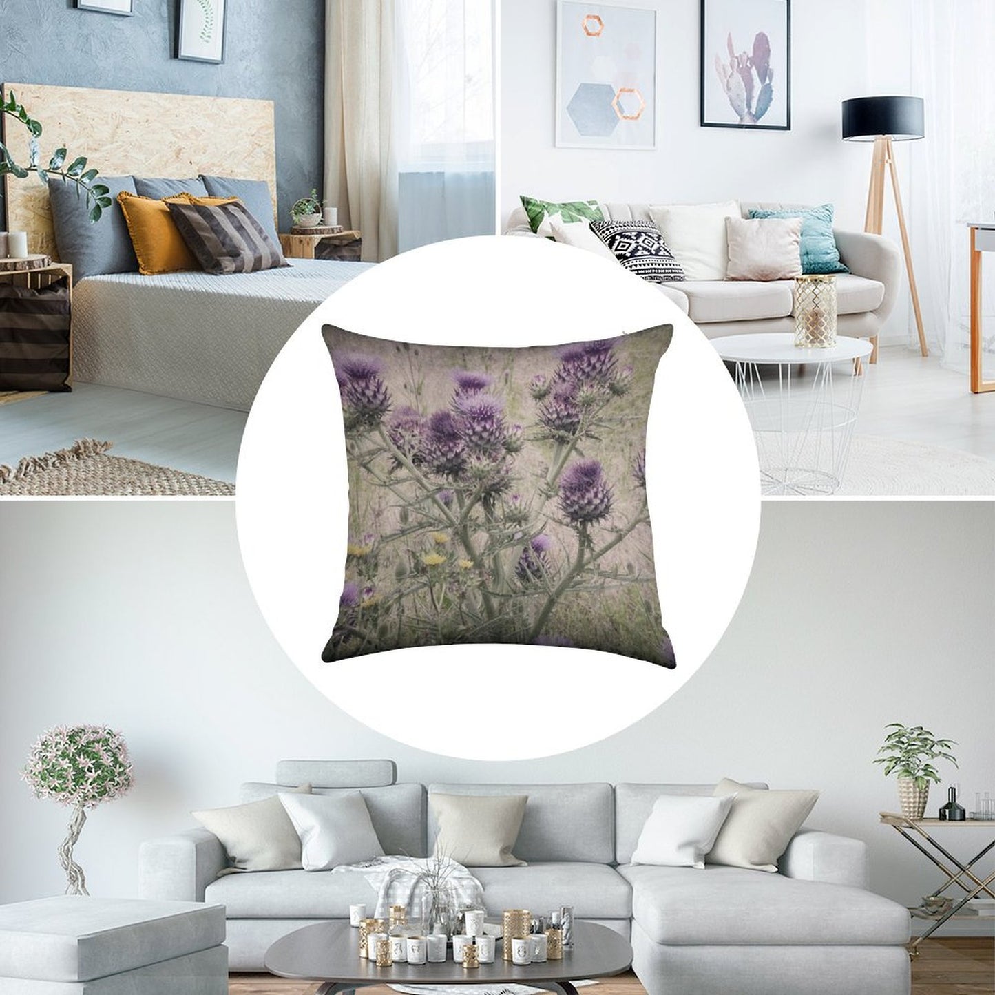 Purple Thistle Flowers with Yellow Daisies. Linen Throw Pillow Cover