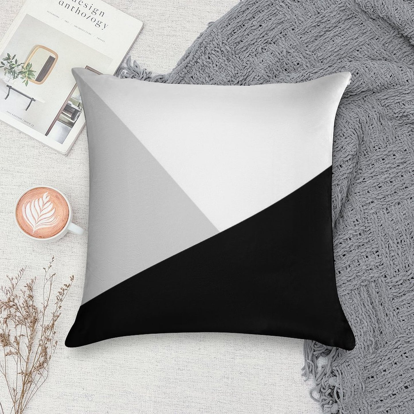 Monochromatic Black White Gray Color Block Soft Fade-Resistant Throw Pillow