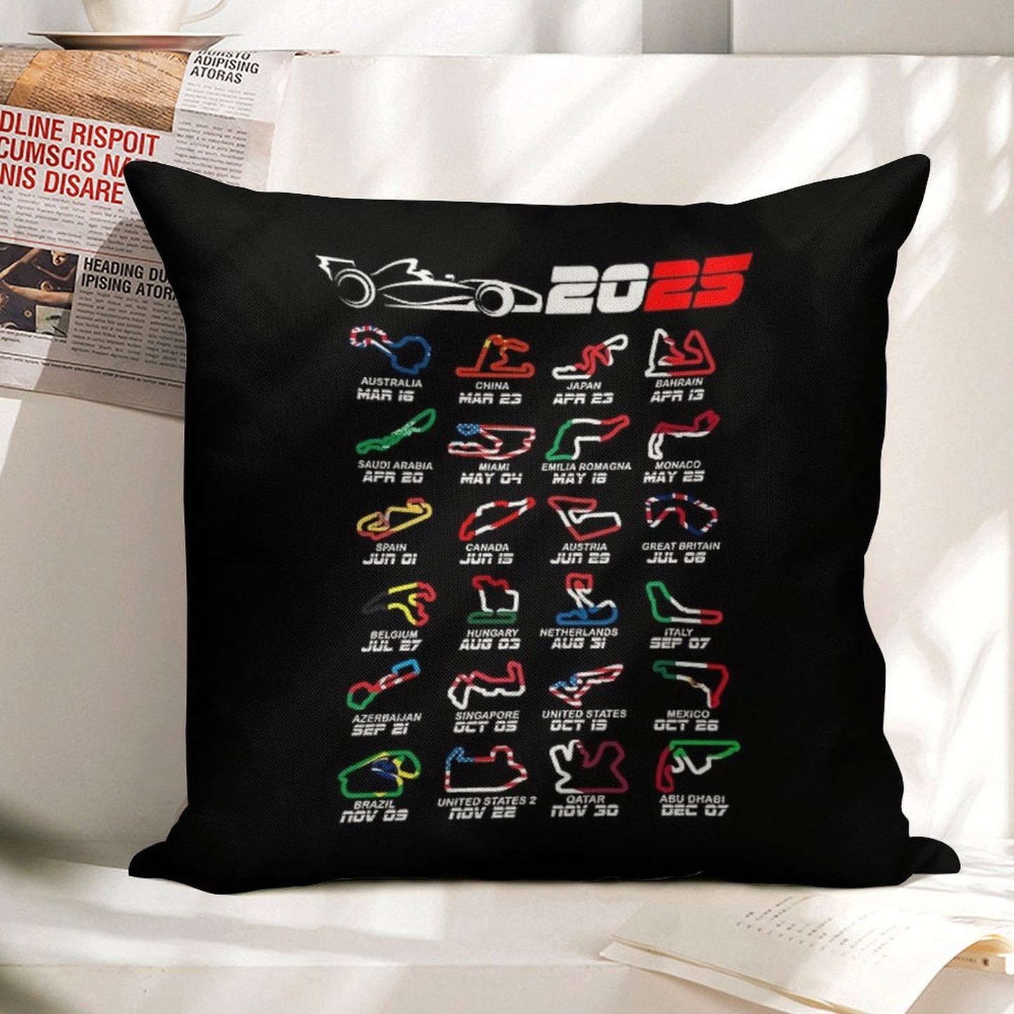 Calendar Formula Race Cars 2025 Circuits Colors Linen Throw Pillow Cover