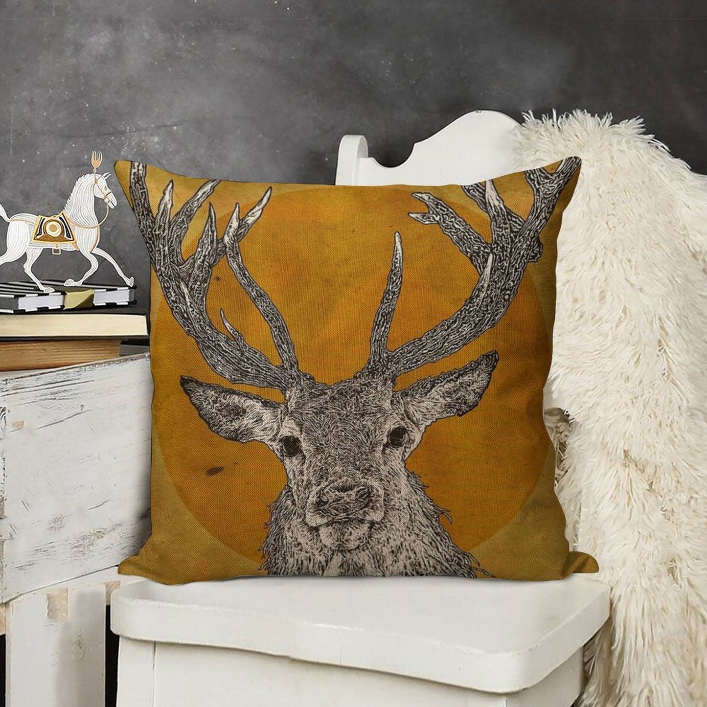 Wild Stag's Head Linen Throw Pillow Cover