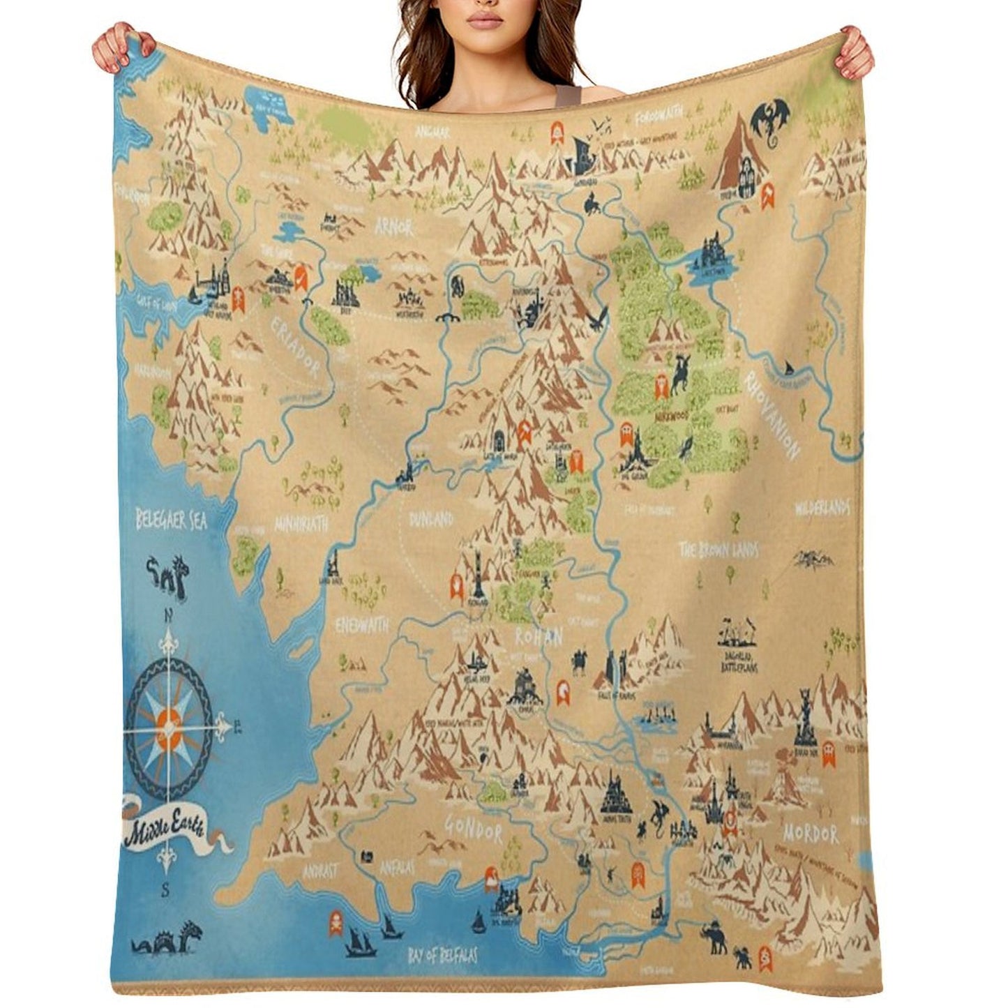 Tolkien - Middle Earth Map, Simple Icon Illustrations Throw Blanket