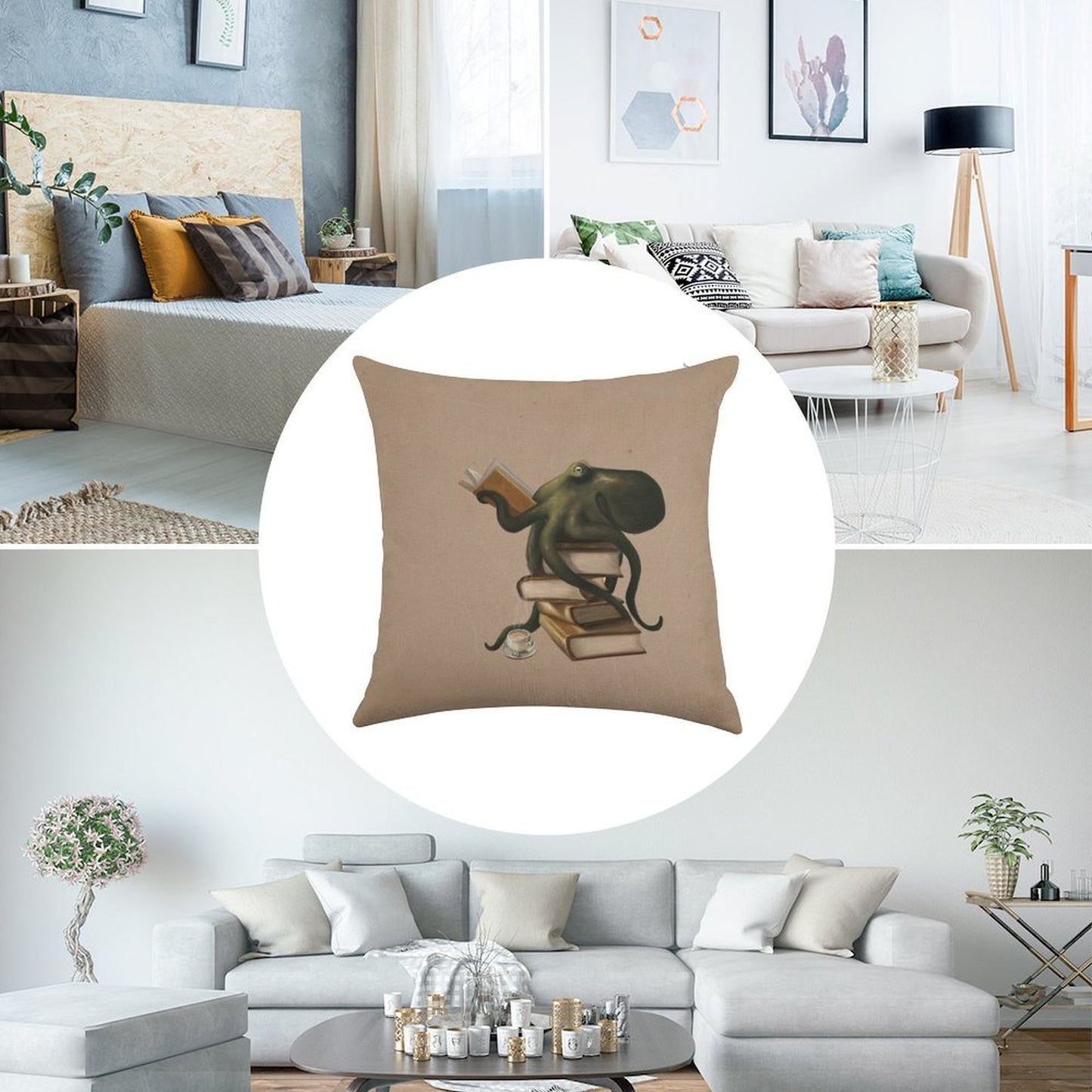 Well-Read Octopus Linen Throw Pillow Cover